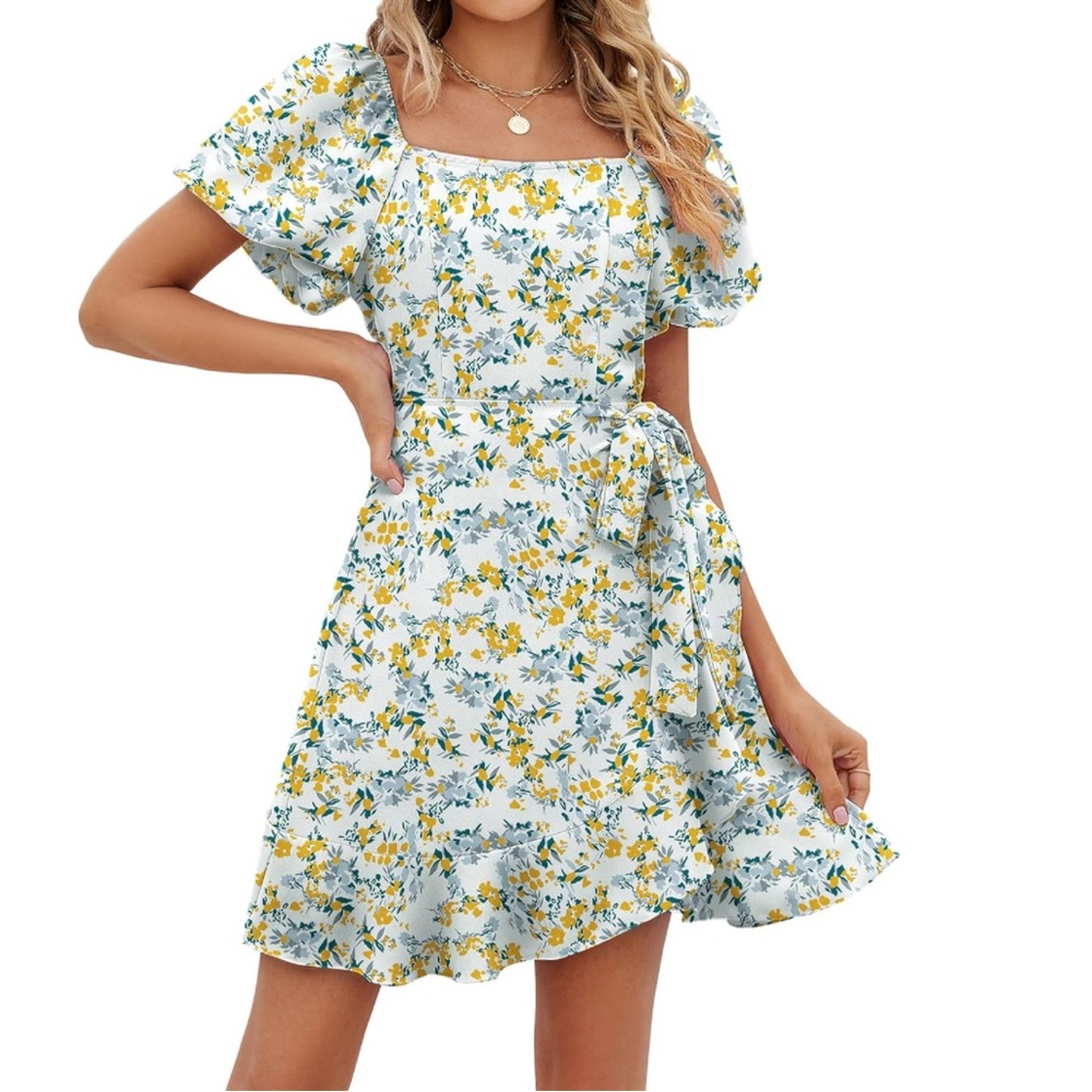 Square Neck Puff Sleeve Dresses Casual Summer Tie Waist Dress